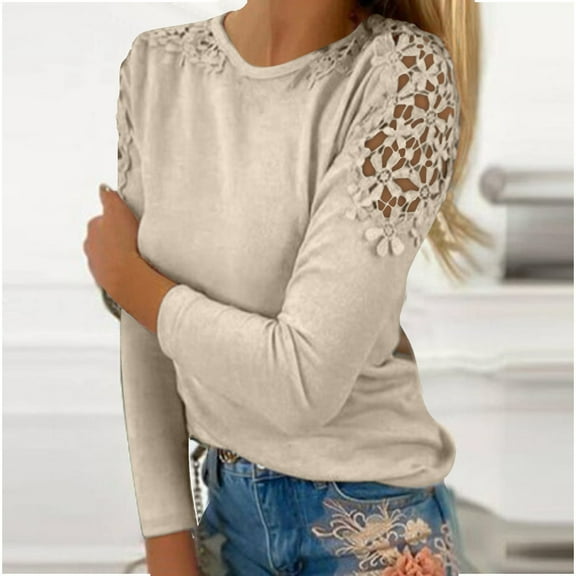 Beige Women's Long Sleeve T-shirt, Women'S Round Neck Solid Color Hollow Stitching Long Sleeved T Shirt,Women's Long sleeve T-shirt L