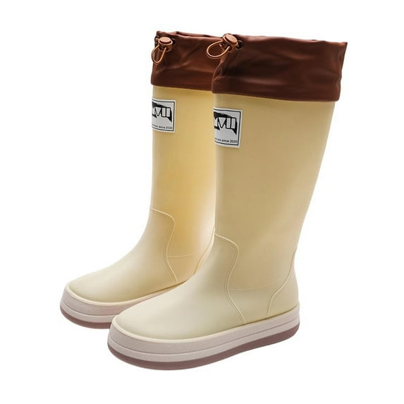 Beige Women's Rain Boots Waterproof and Slip Resistant for Rainy Days Thickened Flat Sole Design Adult Rain Boots Comfortable High Top Casual Outdoor Shoes Size 6.5