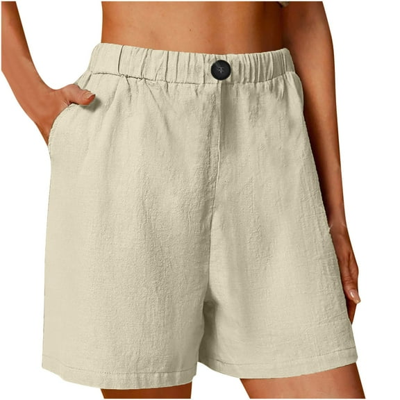 Beige Women's Shorts, Womens Casual Solid Side Pockets Pants Shorts Elastic Waist Pockets Daily Shorts,Women's Shorts 3XL