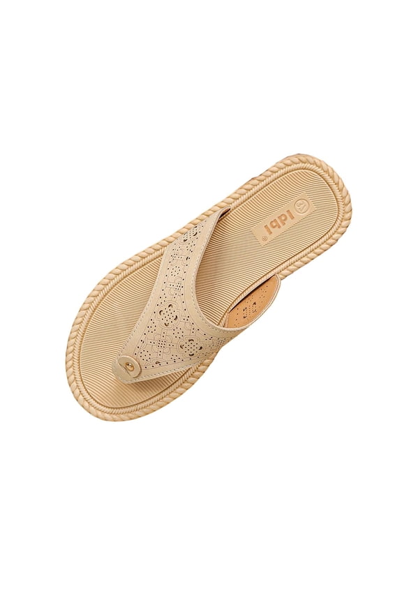 Beige Women's V Strap Sandals Breathable Canvas Flats Casual Shoes Solid Color Round Toe Simple Design for Outdoor Wear Size 7.5