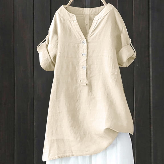 Beige Womens Blouses Loose Button Shirt Top Stand Solid Color Sleeve Collar Casual Women's Shirt Women's Shirt Ladies Tops and Blouses