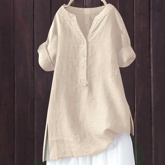 Beige Womens Blouses Loose Button Shirt Top Stand Solid Color Sleeve Collar Casual Women's Shirt Women's Shirt Ladies Tops and Blouses