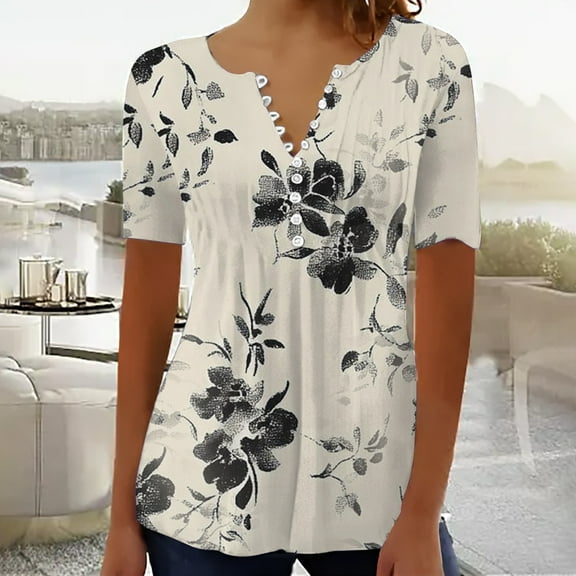 Beige Womens Blouses Women's Fashion Casual Floral Print Down Short Sleeve Top T Shirt Ladies Tops and Blouses