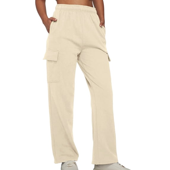 Beige Womens Cargo Pants Fashion Solid Color Loose Straight Leg With Pockets Casual Pants Yoga Pants Fall Outfits Womens Pants Size XL