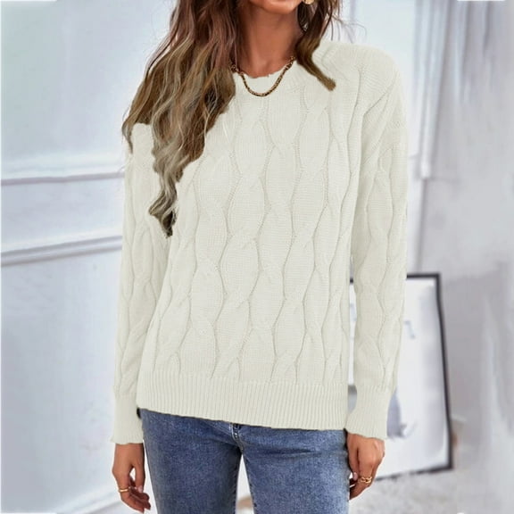Beige Womens Fall Tops Womens 2022 Cute Elegant Soft Crewneck Long Sleeve Hollow Cable Knit Pullover Sweaters for Women