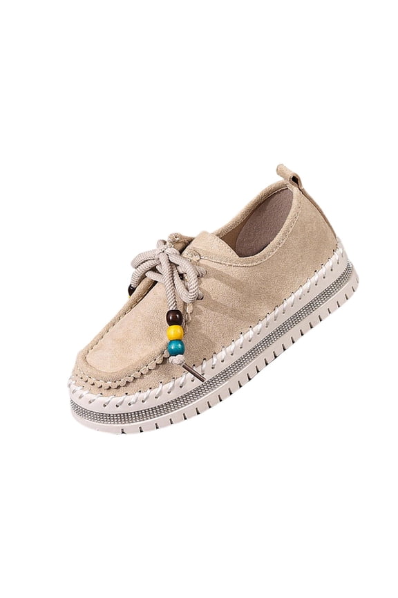 Beige Womens Flat Shoes Beaded Front Tie Ethnic Style Thick Sole Summer Comfortable Casual Daily Wear Lightweight Breathable Shoes Size 40