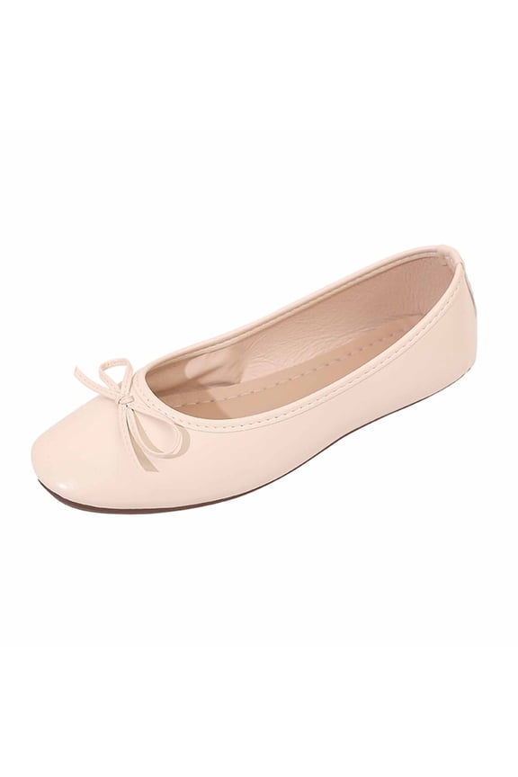 Beige Womens Flat Shoes French Round Toe Bow Low Top Lightweight Slip On Work Flats for office Casual Wear Year Round Comfort Pu Leather In Beige Size 9