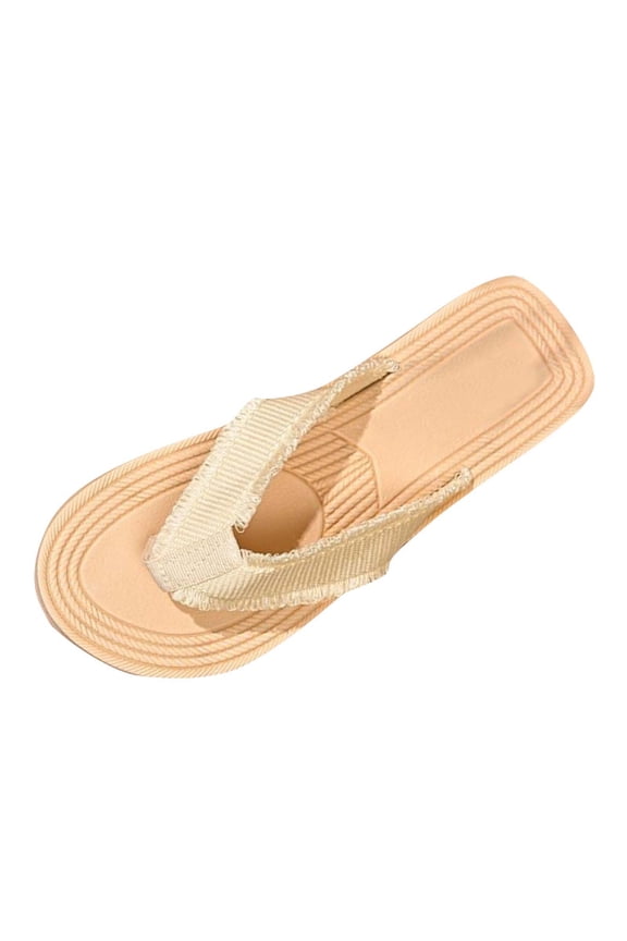 Beige Womens Flip Flop Sandals Straw Wedge Summer Beach Slippers Comfortable Thick Sole Casual Outdoor