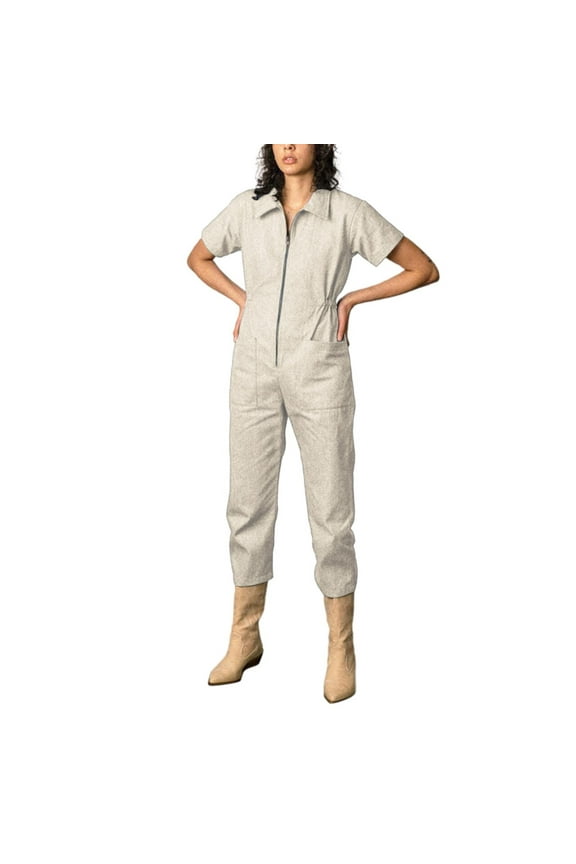 Beige Womens Jumpsuits Cropped Utility Jumpsuit Women's Casual Short Sleeve Jumpsuits Zip Up Outfit with Pockets Overalls for Women