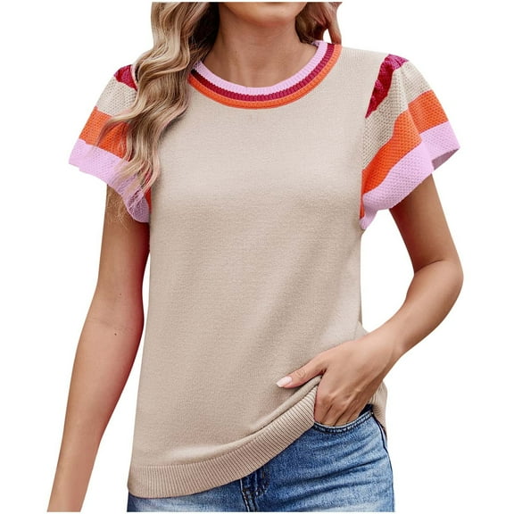 Beige Ladies Crochet Tops Color Block Loose Fit Blouses for Women Short Sleeve Crew Neck Lounge Fall Summer Shirts 2025 Clothes Country Concert XL