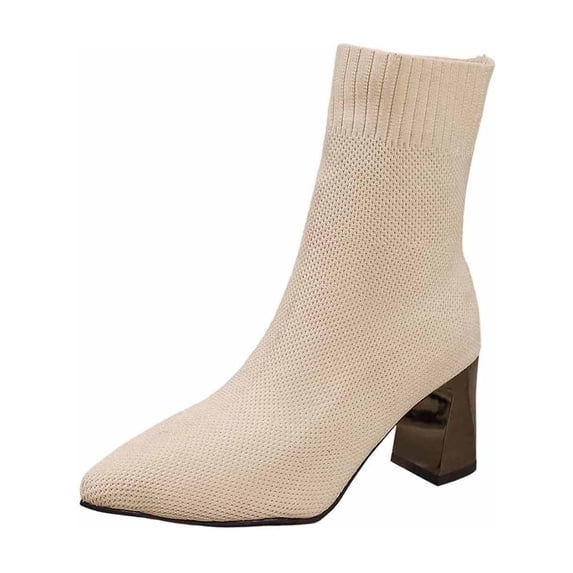 Beige Womens Mesh Pointed Toe Socks Boots Knitted Elastic Mid Calf ...