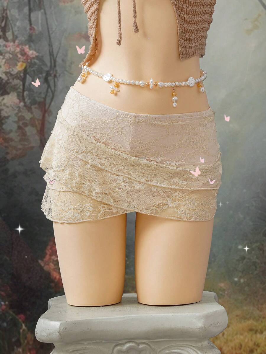 Beige Womens Multi-Layered Criss-Cross Lace Wrap Skirt With Pearl