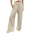 thumbnail image 1 of Beige Womens Pants Linen Wide Leg Pants Women Summer Casual Drawstring Elastic High Waist Trousers Beach Trendy Palazzo Pant Trousers With Pockets Trousers for Women Dressy Casual, 1 of 5