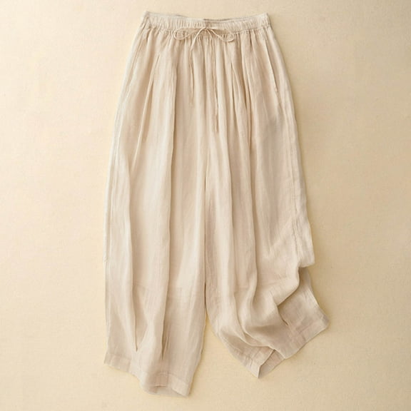 Beige Womens Pants Loose Spring and Summer Solid Color Cotton Leisure Pants Elastic Waist Wide Legs Casual Pants Casual Pants Women