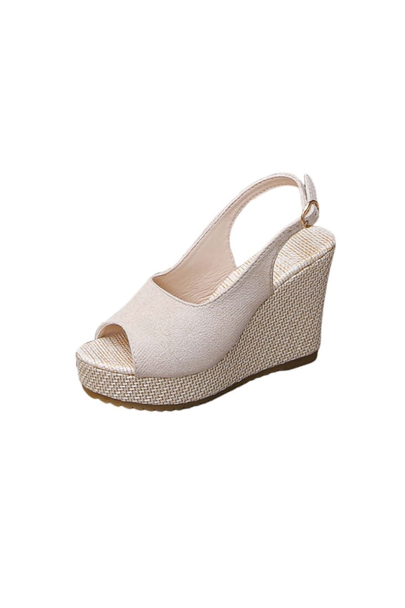 Beige Womens Peep Toe Wedge Sandals Summer Beach One Strap Buckle Sandals Platform Open Toe Casual Comfortable Suede Beige Size 9