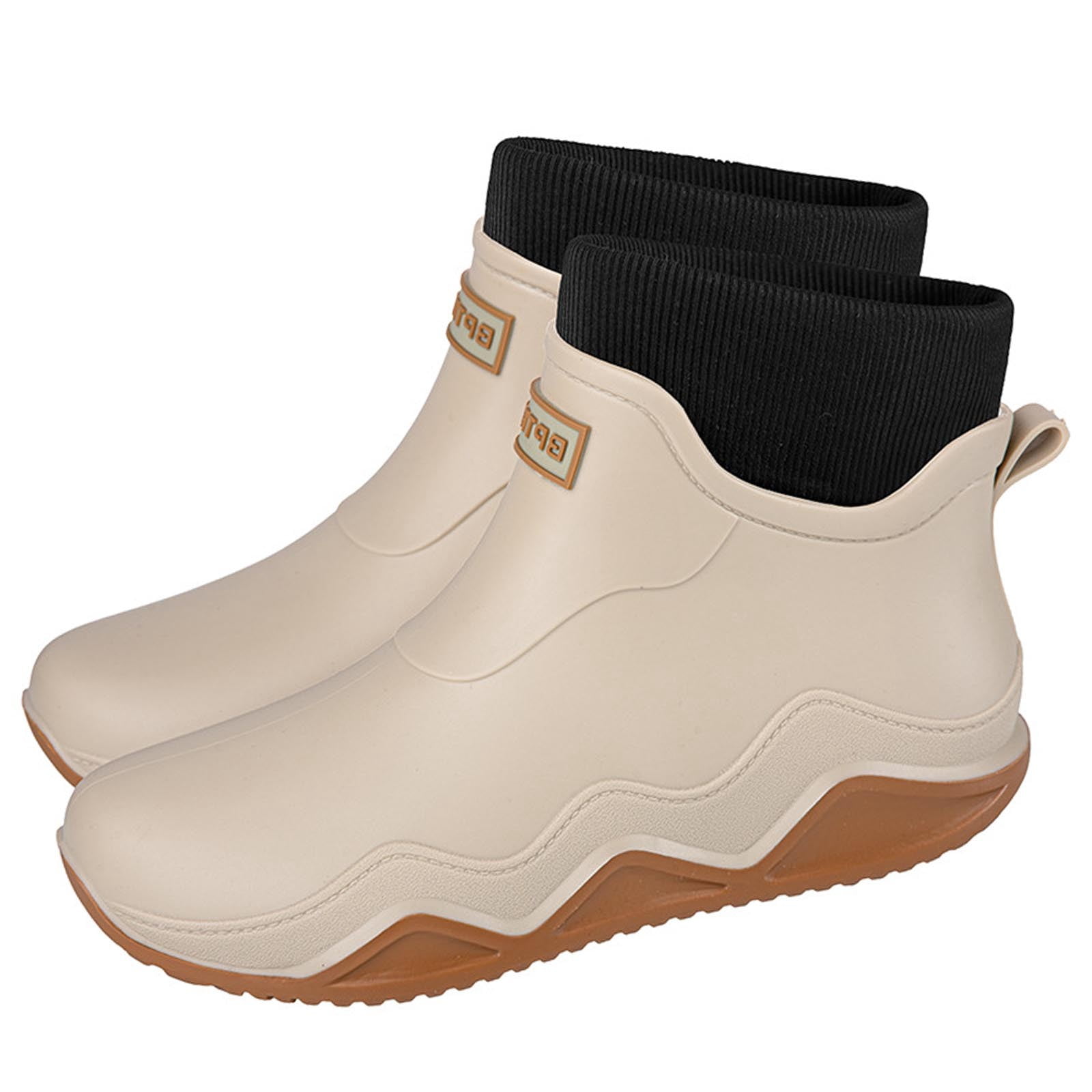 Beige Womens Rain Boots Water Shoes Low Top Rubber Sole Casual Outdoor Indoor Non Slip Shoes With Letter Design And Warm Lined For Cold Weather Size 40