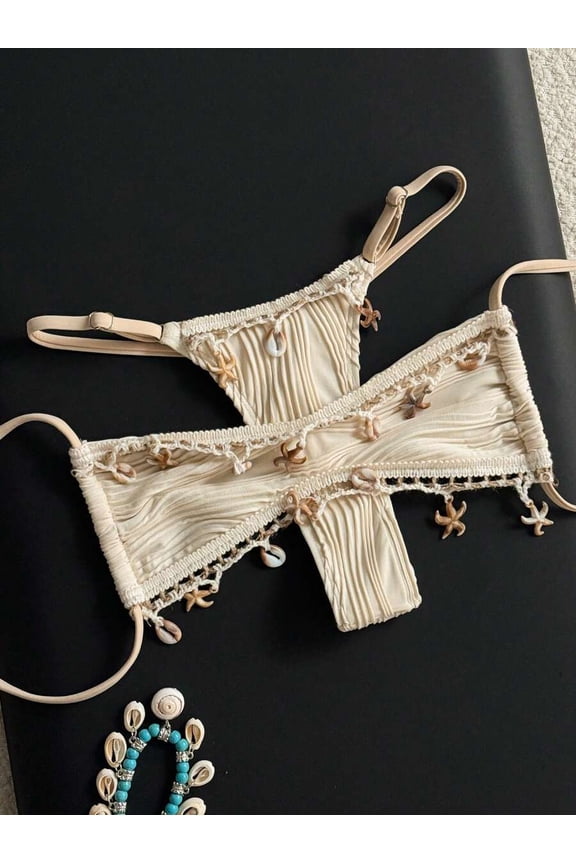 Beige Womens Ruched Bandeau Bikini Set With Crochet Trim And Shell Embellishments