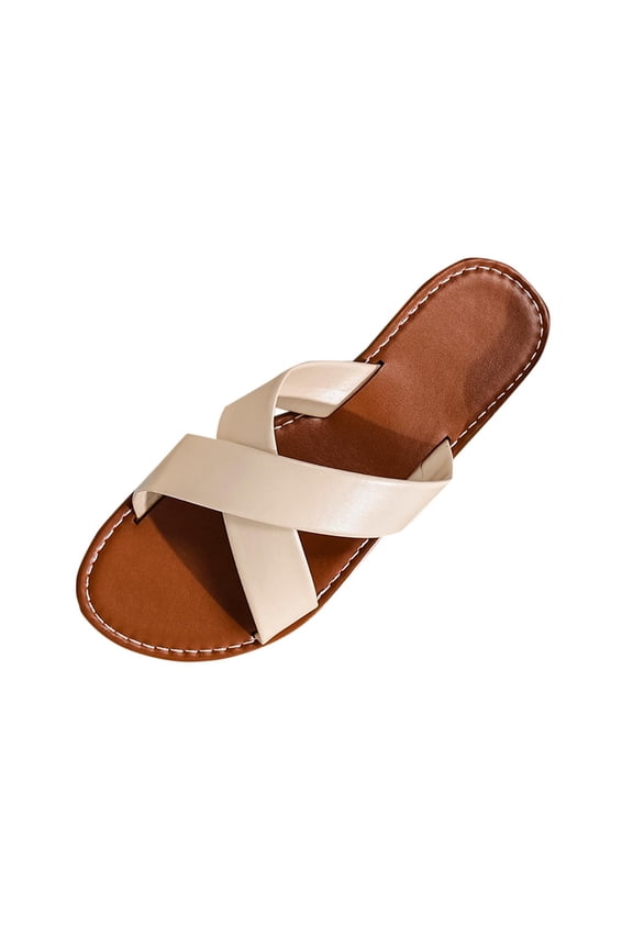 Beige Womens Sandals Open Toe Wide Strap Wrap Around Flat Beach Casual Versatile Comfortable Lightweight Breathable For Everyday Spring Summer Size 41