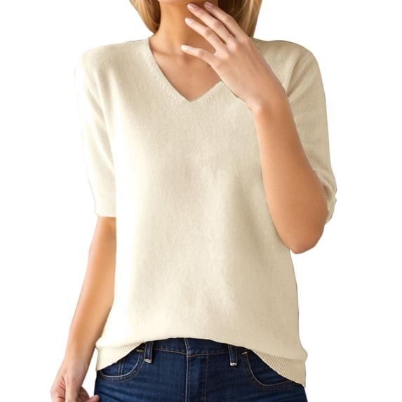 Beige Womens Short Sleeve Tunic Tops, Elbow-Length Country Concert Tops, Cotton Womens Shirts Dressy Casual, Women's Fashion Sweater V Neck Half Sleeve Loose Base T Shirt Top