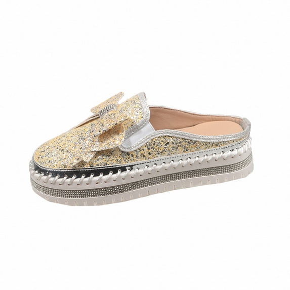 Beige Womens Slip On Mules Round Toe Rhinestone Bow Thick Sole Casual Spring Summer Half Shoes Indoor Outdoor For Casual Daily Occasions Size 36