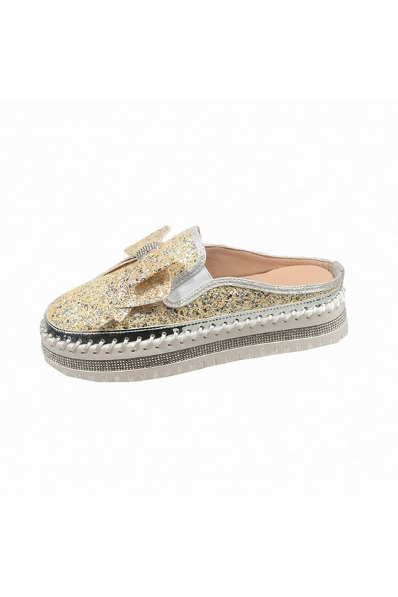 Beige Womens Slip On Mules Round Toe Rhinestone Bow Thick Sole Casual Spring Summer Half Shoes Indoor Outdoor For Casual Daily Occasions Size 36
