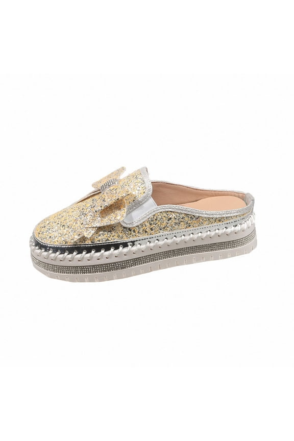 Beige Womens Slip On Mules Round Toe Rhinestone Bow Thick Sole Casual Spring Summer Half Shoes Indoor Outdoor For Casual Daily Occasions Size 37