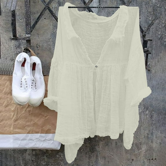 Beige Womens Summer Tops Women's Casual Solid Color Cotton And Linen Lapel Single Shirt 3/4 Sleeved Shirt Shirts for Women