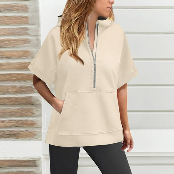 Beige Womens Sweatshirt Womens Oversized Half Zip Hoodies Short Sleeve Casual Sweatshirts Pullover Tops with Pockets Fall Clothes for Women