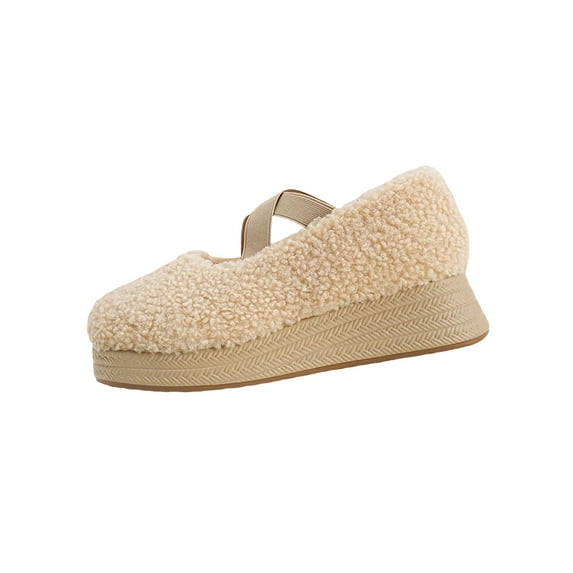 Beige Womens Thick Sole Wedge Heels With Furry Wrap Comfort Height Increase For Fall And Winter Casual Everyday Footwear With Supportive Design Size 38