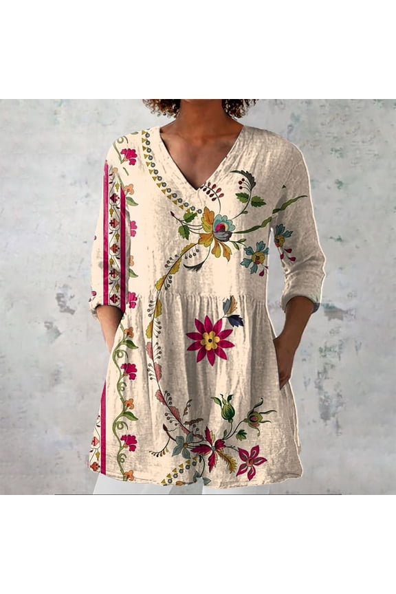 Beige Womens Tops 2025 New Women's Summer Printed Group Shirt Women's Linen V Neck Casual Shirt