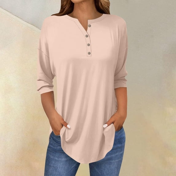 Beige Womens Tops 3/4 Length Sleeve Womens Tops 2025 Spring Neck Casual Print Tunic T Shirts Three Quarter Length Womens Tops Going Out Tops for Women