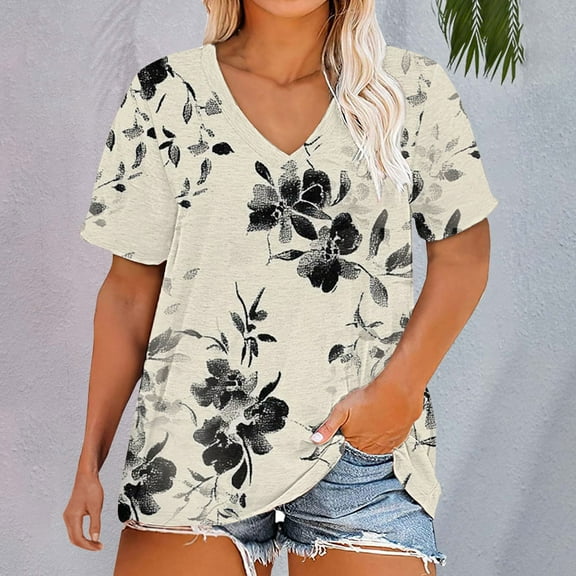 Beige Womens Tops Plus Size V Neck T Shirts Women Short Sleeve Tops Casual Summer Tshirts Loose Fit Tee Shirts for Women