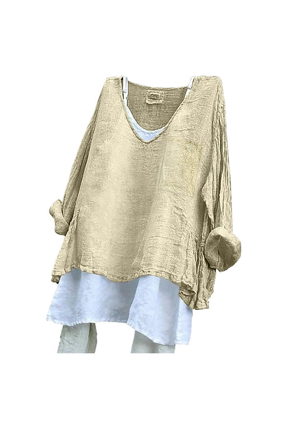 Beige Womens Tops Women'S Solid Color Loose Plus Size Long Cotton Texture Dress Shirts for Women
