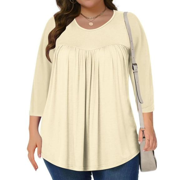 Beige Womens Tops Women's Casual Pluse Size 3/4 Sleeve T Shirts Round Neck Cute Tunic Tops Basic Tees Blouses Business Work Tee Top Shirts for Women