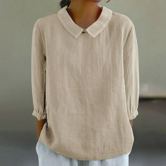 Beige Womens Tops Women's Cotton Linen Button Short Sleeve Shirts Summer Loose Crew Neck Casual Boho Top Vintage Embroidered Blouse Tops Shirts for Women