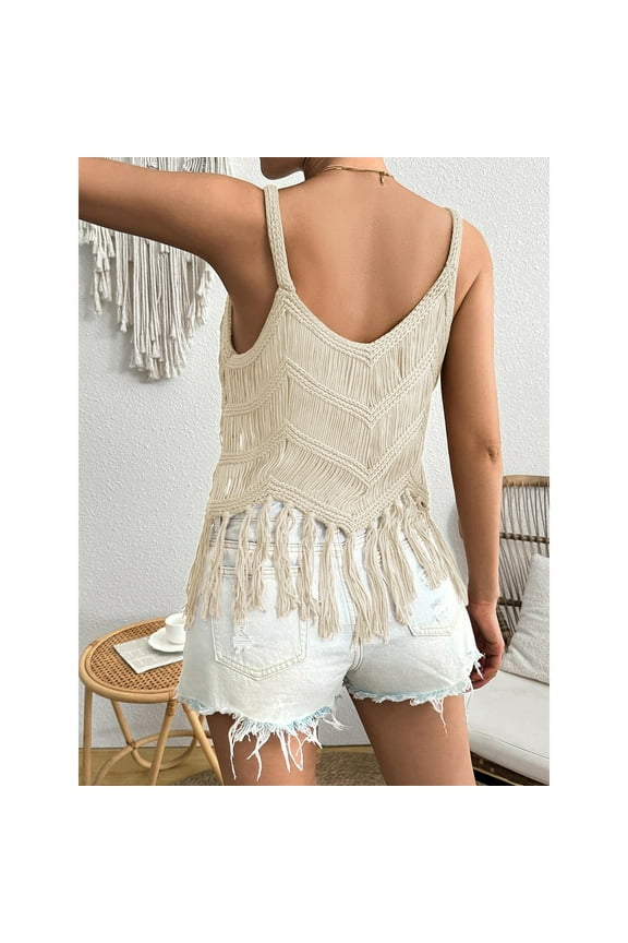 Beige Womens Tops Women‘s Fringe Western Tassel Tank Tops Sleeveless V Neck Crochet Crop Top Boho Knitted Spaghetti Straps Vest Shirts for Women