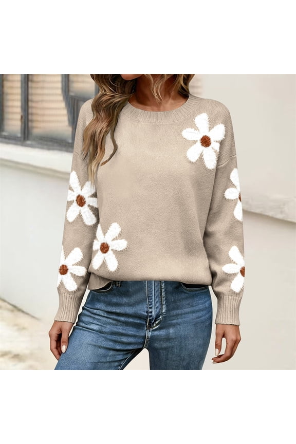 Beige Womens Tops Womens Winter Long Sleeve Sweater Casual Crew Neck Long Sleeve Knit Pullover Tops Lightweight Curved Sweaters Womens Fashion Clothing