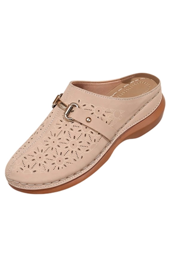 Beige Womens Wedge Mules Casual Perforated Upper Slide On Shoes With Adjustable Buckle for Outdoor Indoor Wear Comfortable Flock Material 5.5