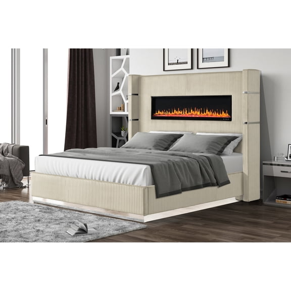 Beige Wood Bed - Non - Heating Fireplace in Headboard - Bedroom Usage - Customizable Sleep Experience