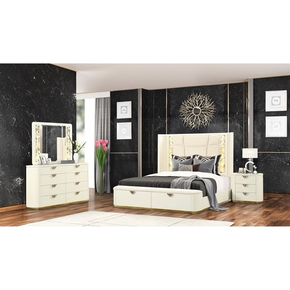 Beige Wood Design - Bed with Ambient Lighting Feature - Bedroom Ambiance - Warm and Inviting
