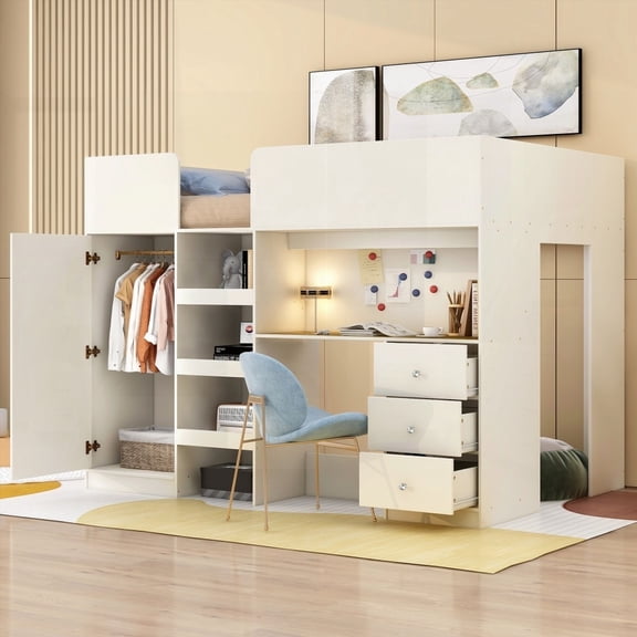 Beige Wood Full Size Loft Bed Boasting Built-in Storage - Wardrobe & Desk Included
