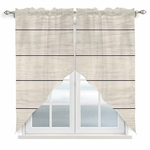 Beige Wood Grain Swag Valances for Windows, Kitchen Curtains 36 Inch Length 2 Panels Set, Rustic Retro Wooden Plank Farmhouse Short Curtains for Small Windows Rod Pocket Cafe Curtains Drapes 28"x36"