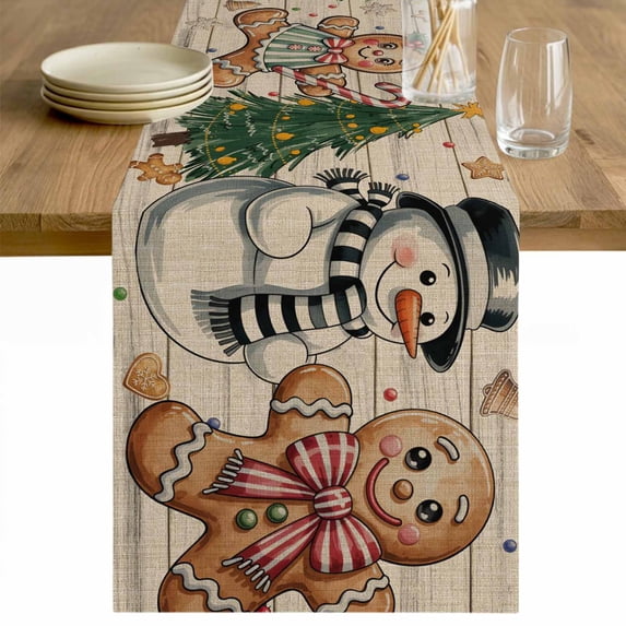 Beige Woode Christmas Table Runner 120 Inches Long Farmhouse Dress Scarves, Xmas Tree Gingerbread Snowman Winter Dining Tablerunner for Coffee Table/Kitchen Island/Party Décor, 13" x 120"