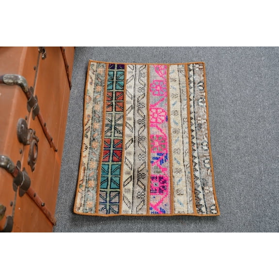Beige Wool Rugs, Antique Rug, Turkish Rug, Patchwork Rug, , 1.5x2.1 ft Small Rugs, Rugs For Nursery, Vintage Rug, Tribal Bathroom Rug