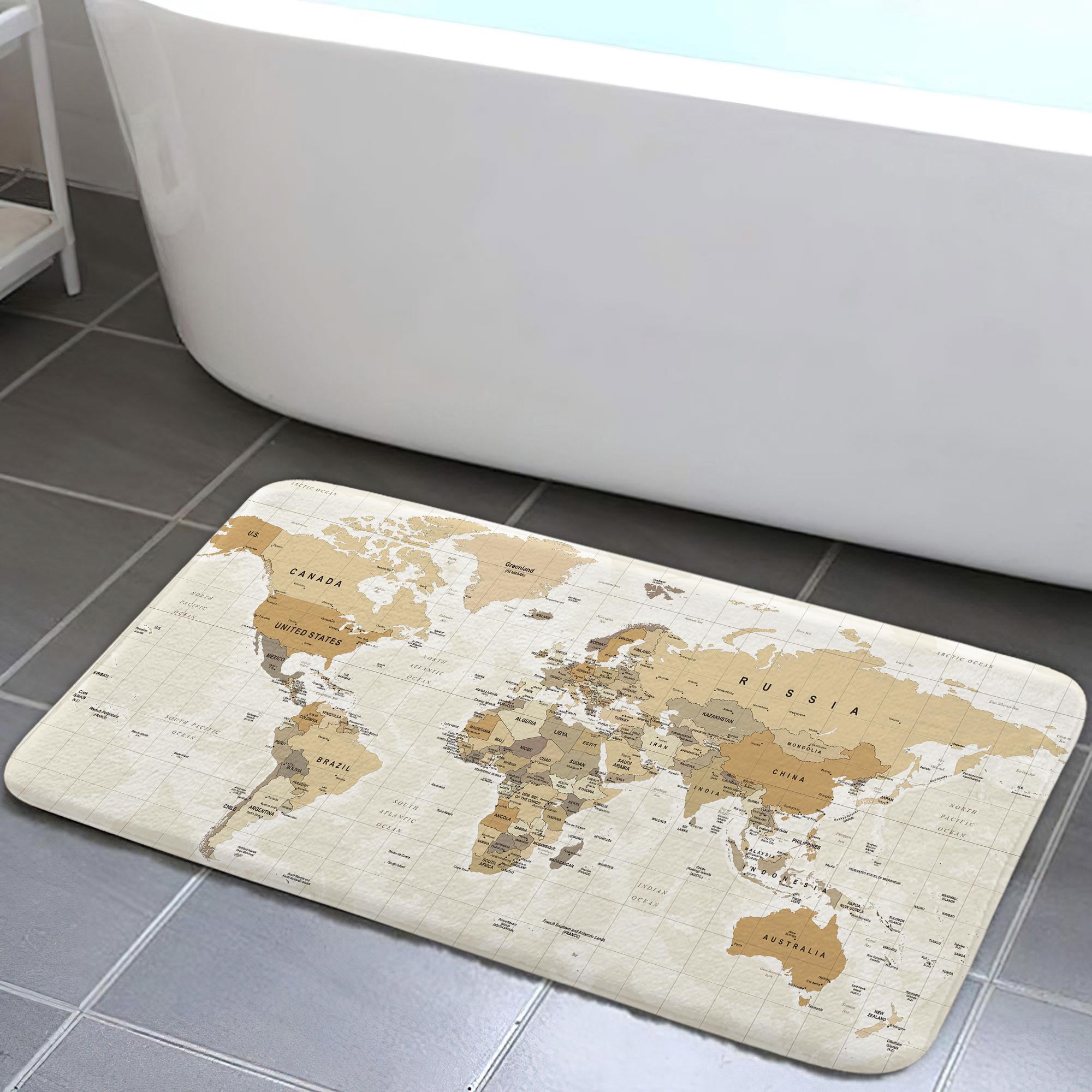 Beige World Map Bath Rugs, Geographical Travel Map Bathroom Accessories Shower Mat, Asia Europe South City Topography America Africa Japan Non Slip Bathtub Mat Bath Rugs, 15.7X23.6in