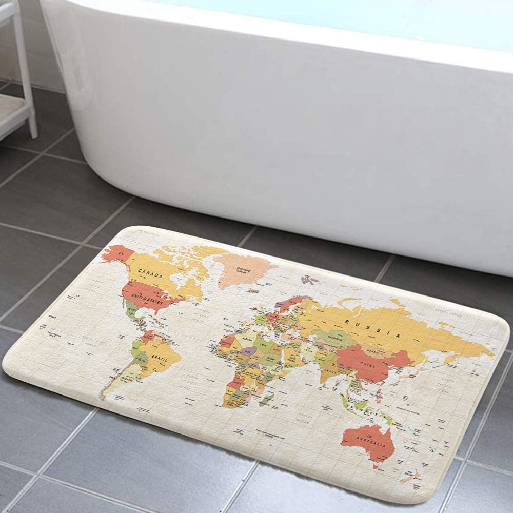 Beige World Map Bathroom Rug, Geographical Travel Map Bathroom Accessories Shower Mat, Asia Europe South City Topography America Africa Japan Non Slip Bathtub Mat Bath Rugs, 17X48in
