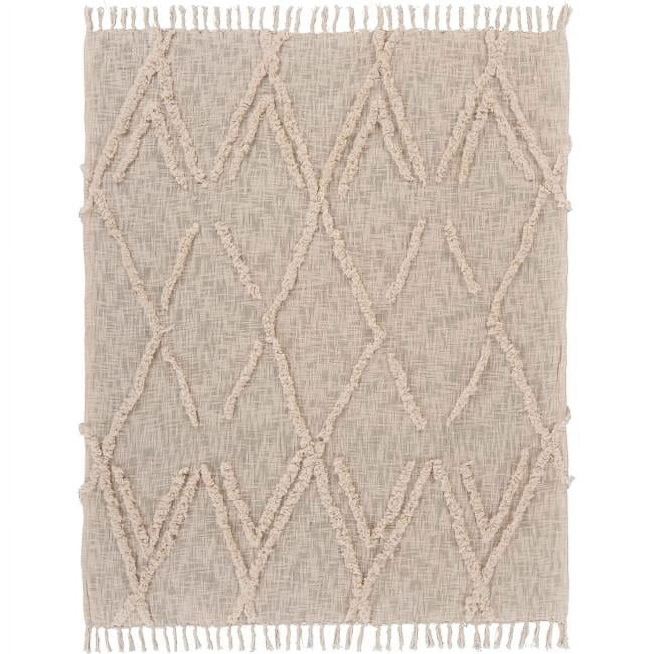 Beige and Cream Cotton Fringe Throw Blanket, 50" x 60"