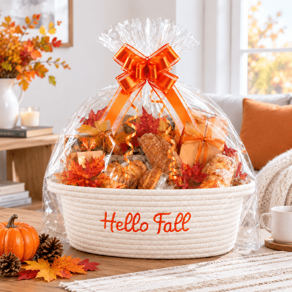 Beige Woven Fall Basket with Hello Fall Embroidery and Decorative Bow