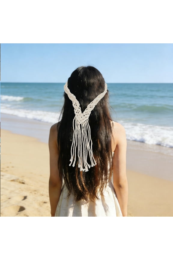 Beige Woven Headband Handmade Macrame Hair Wrap Bohemian Style Wedding Hair Accessory
