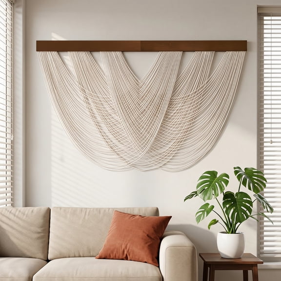 Beige Woven Macrame Wall Hanging Tapestry, Boho Farmhouse Textured Wall Decor for Bedroom Living Room